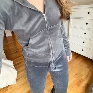 Gray Velour Zip-Up Hoodie and Pants Set